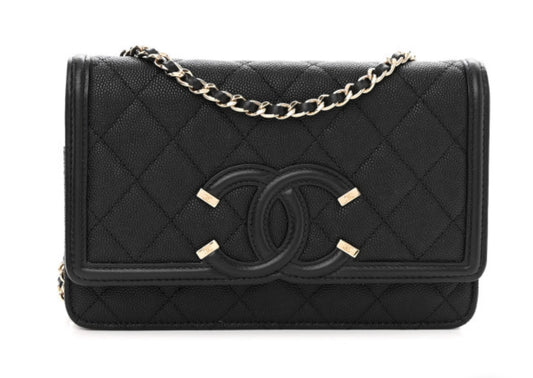 Chanel Wallet on Chain Quilted Cc Filigree Woc Black Caviar Leather Cross Body Bag