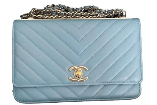 Chanel Wallet on Chain Lambskin Chevron Quilted Trendy Cc Woc Light Bl Blue Leather Cross Body Bag