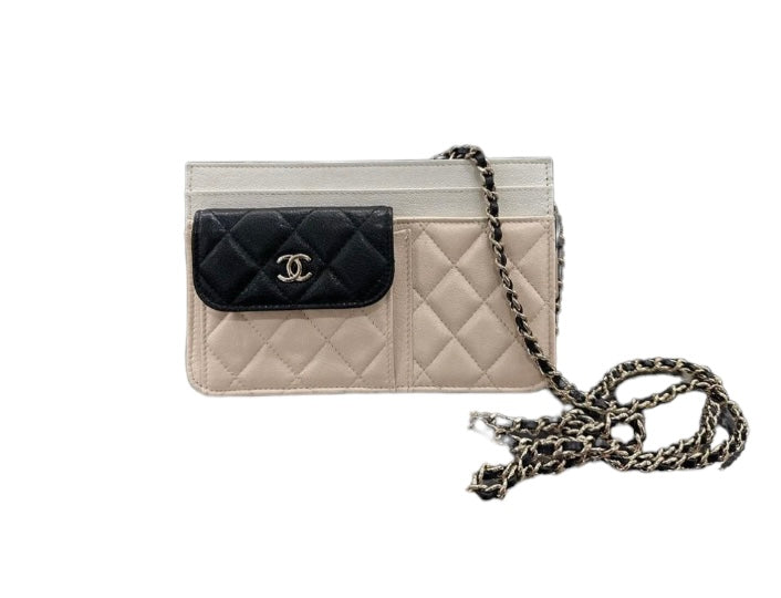 CHANEL Goatskin Quilted Tri-Color In & Out Chain Wallet Beige w Black Pocket