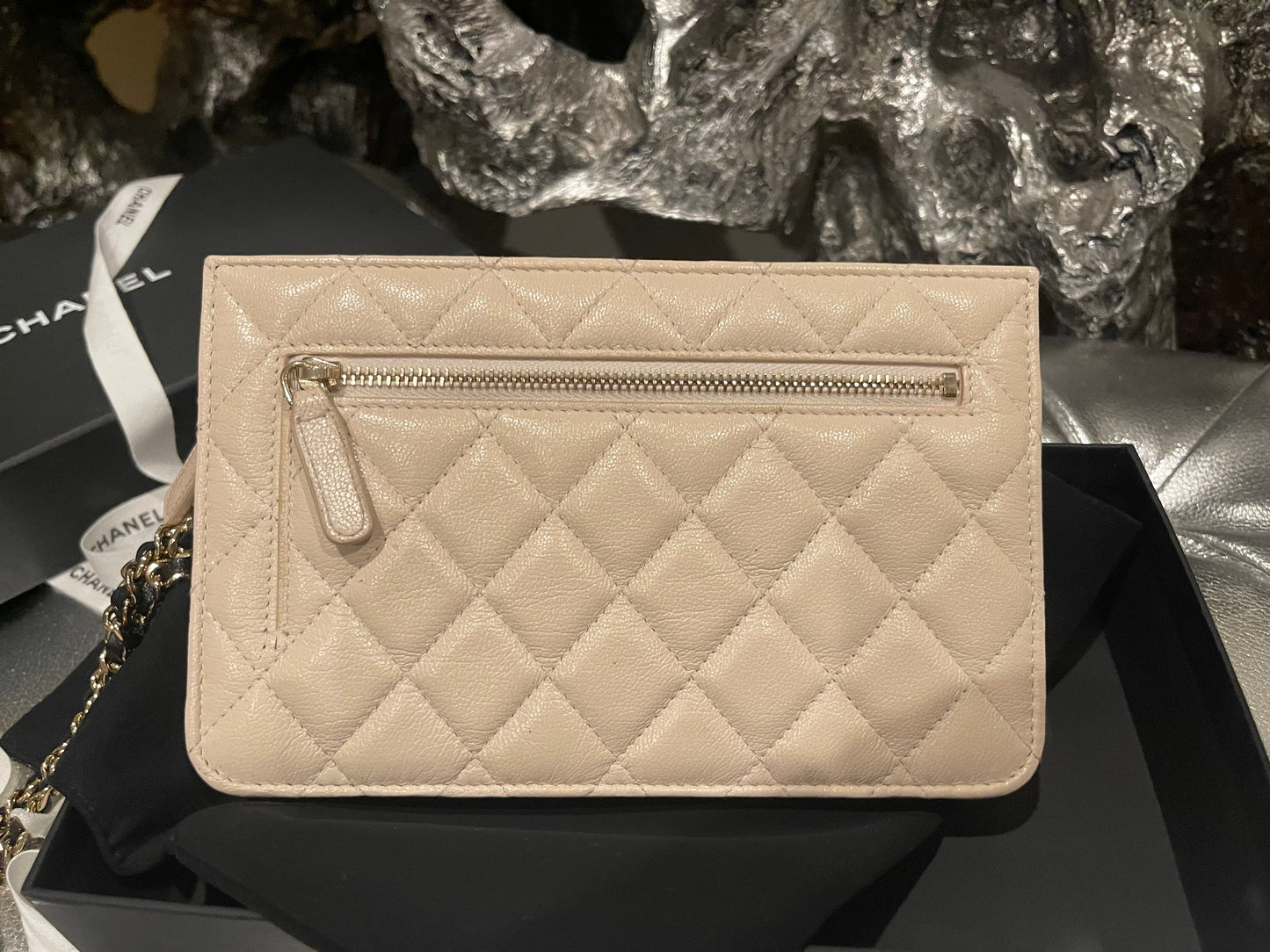 CHANEL Goatskin Quilted Tri-Color In & Out Chain Wallet Beige w Black Pocket