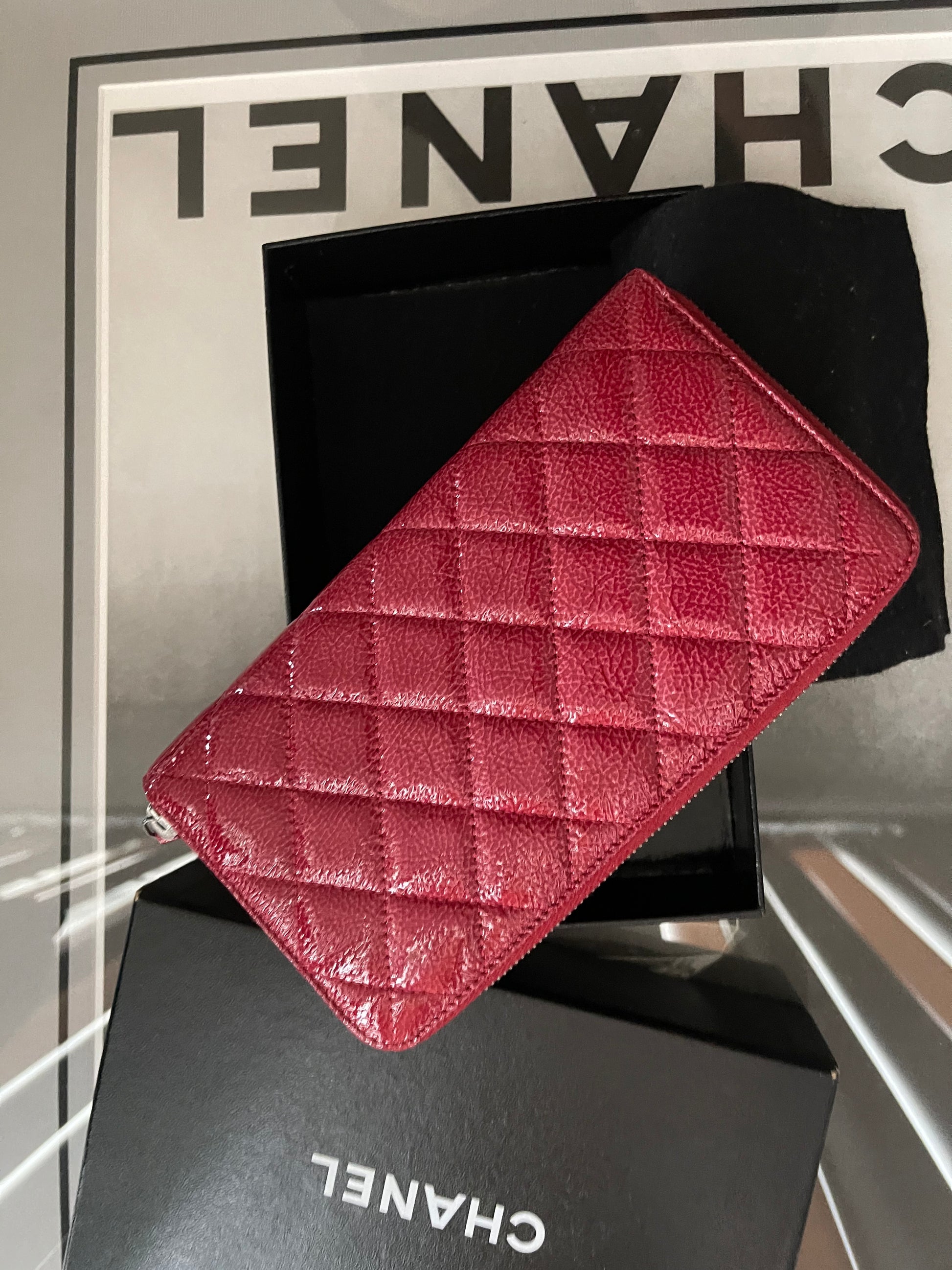 Chanel CC Brilliant Zip-Around Red Quilted Patent Leather Wallet