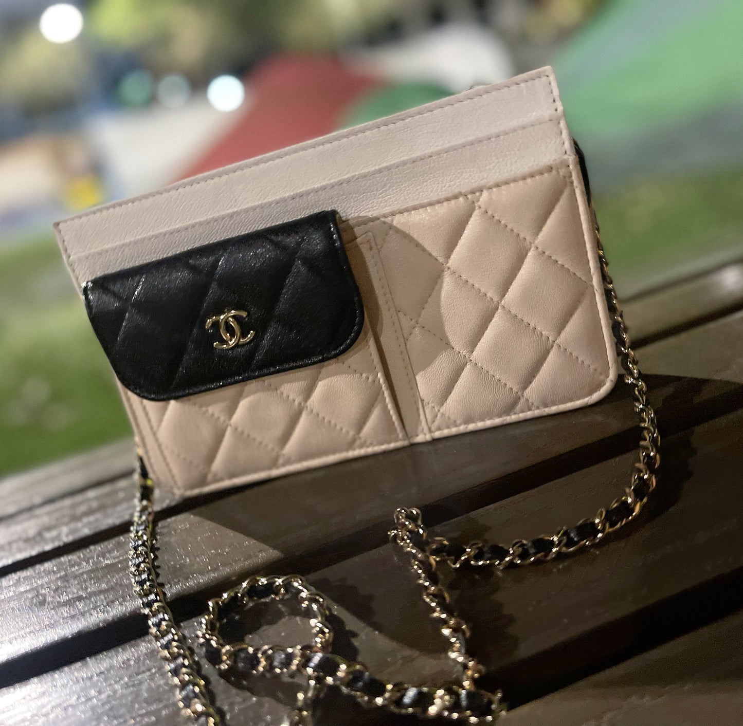 CHANEL Goatskin Quilted Tri-Color In & Out Chain Wallet Beige w Black Pocket