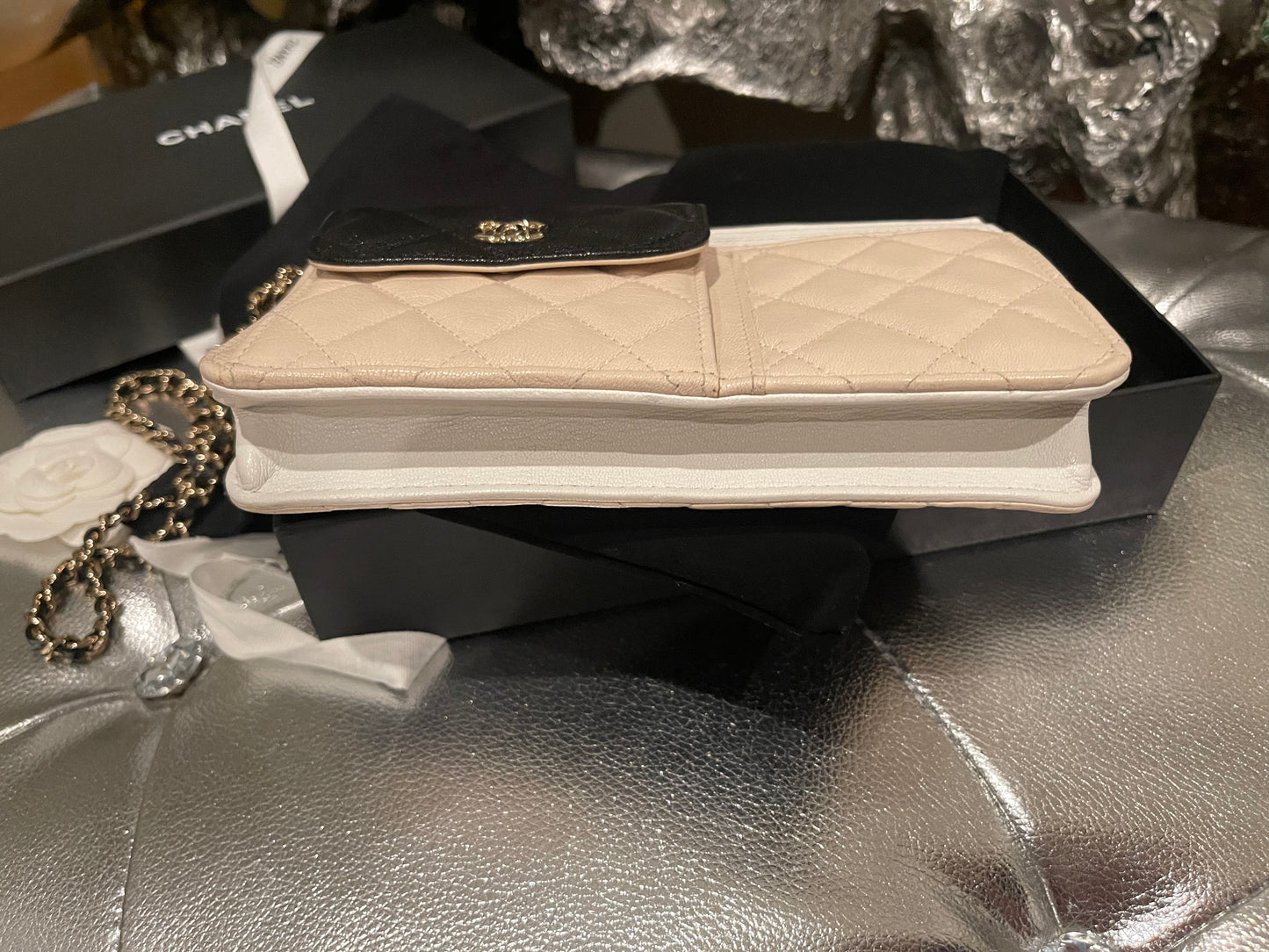 CHANEL Goatskin Quilted Tri-Color In & Out Chain Wallet Beige w Black Pocket