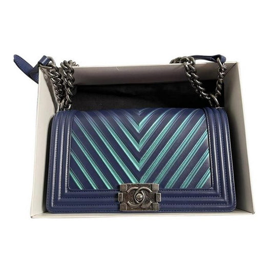 Classic Flap Boy Chevron with Holographic Pvc Old Medium Blue Lambskin Leather Cross Body Bag