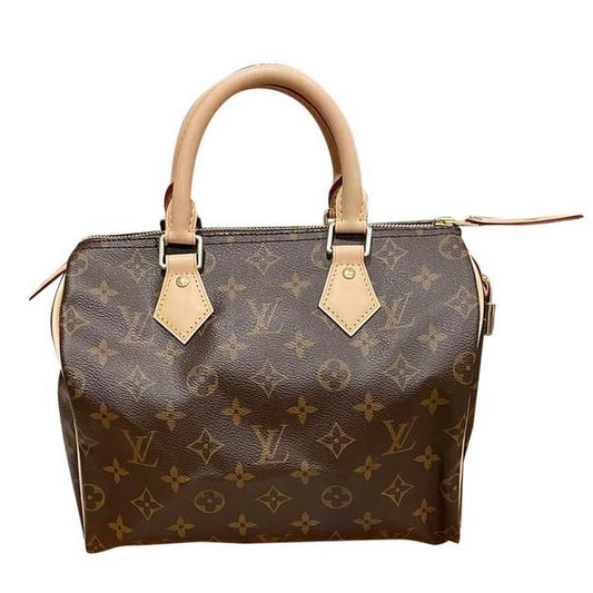 Speedy 25 Brown Monogram Canvas and Calfskin Cross Body Bag