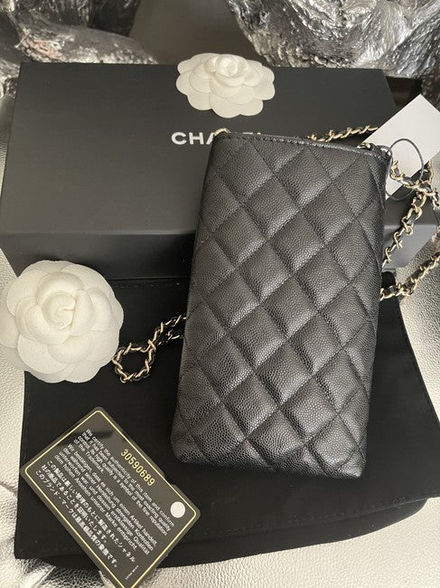 2020 Quilted Phone Holder In Black Caviar Leather Cross Body Bag