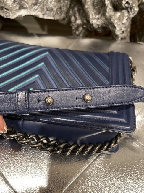 Classic Flap Boy Chevron with Holographic Pvc Old Medium Blue Lambskin Leather Cross Body Bag